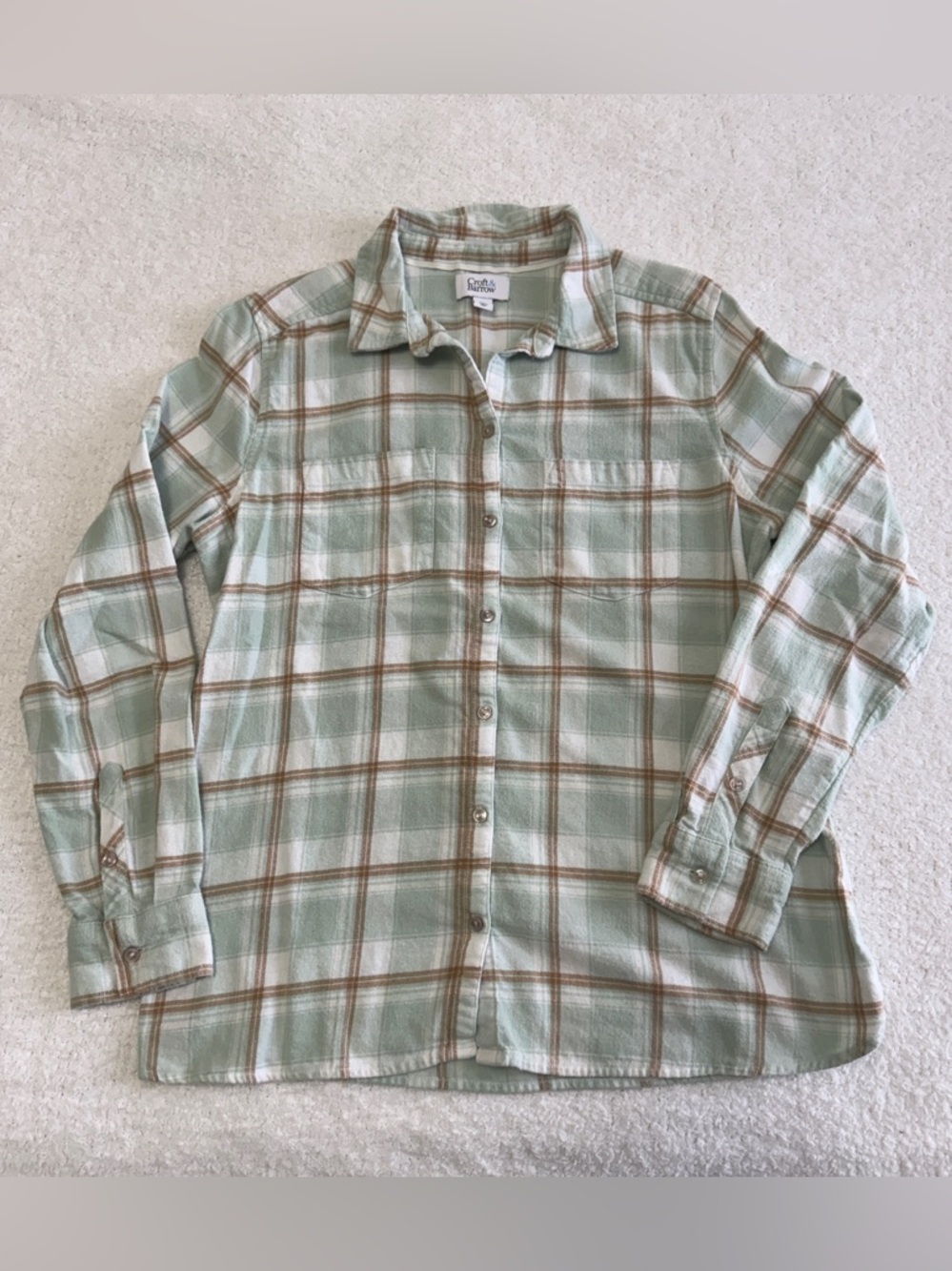 Croft & Barrow Women's Sage Green and Brown Plaid Button-Down Shirt